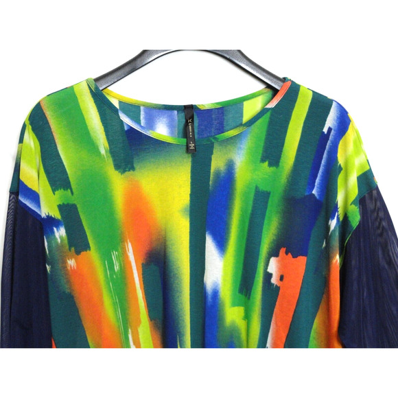 IC By Connie K Hi Lo Semi Sheer Yellow Blue Orange Resort Top Women's Size Large - Picture 2 of 8